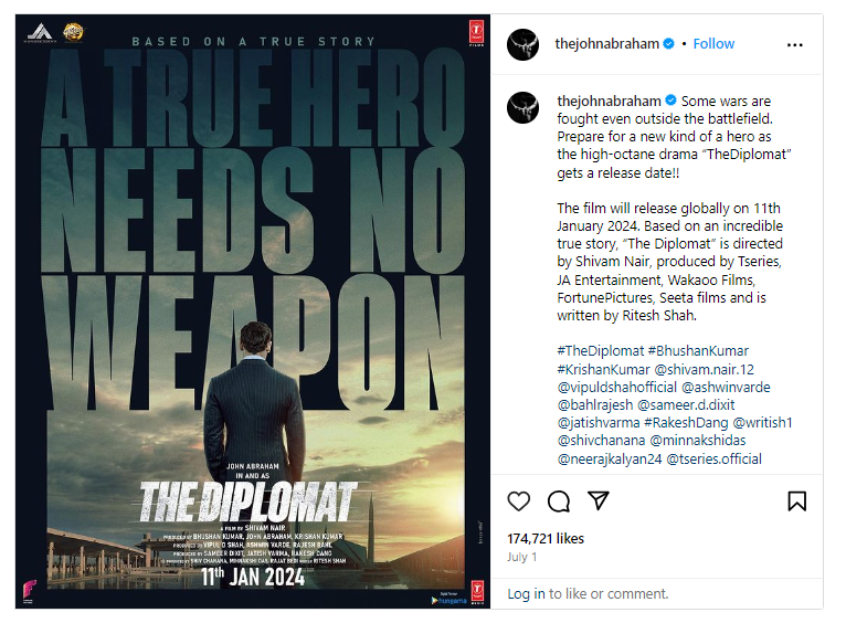 Poster of Dipomat (2024) movie shared by John Abraham on Instagram.