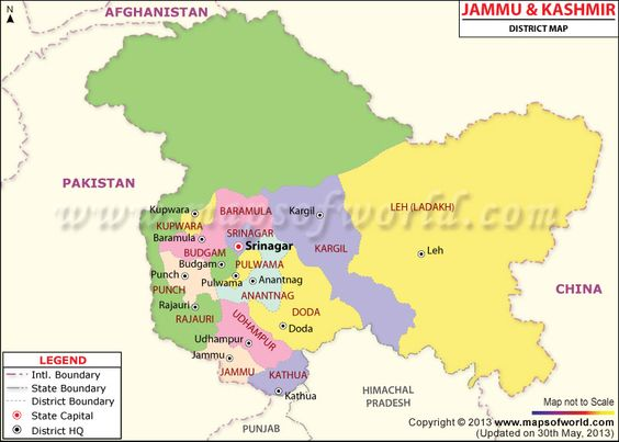 State Map of Jammu and Kashmir before Removal or Article 370 and Bifurcation in 2019, Source MapsofIndia